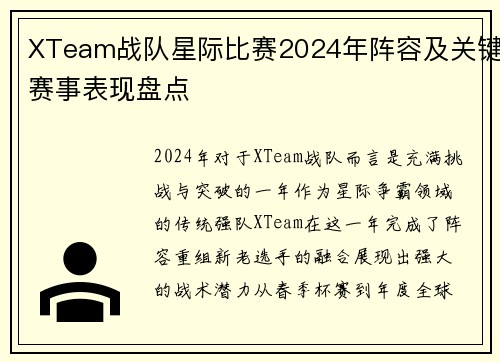 XTeam战队星际比赛2024年阵容及关键赛事表现盘点